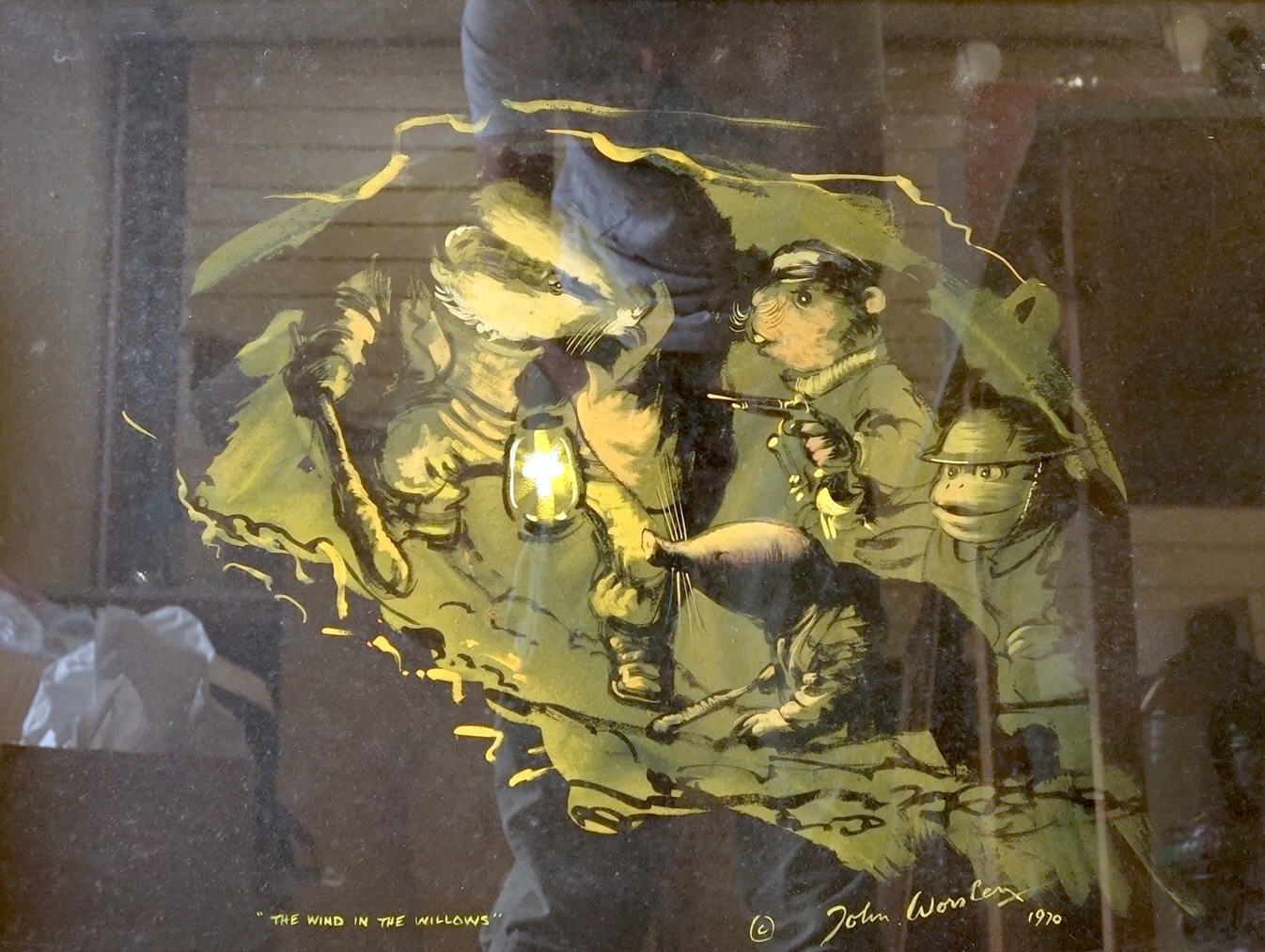 John Worsley (1919-2000), ‘The four friends crept along the secret tunnel’, signed and dated 1970, original illustration for Wind in the Willows, 46 x 60cm